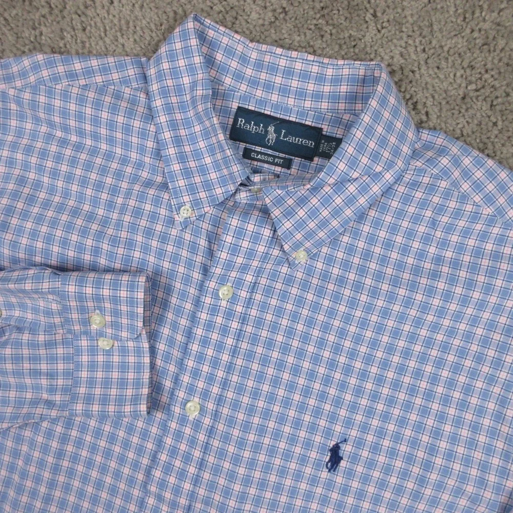 Polo Ralph Lauren Shirt Men XL 17.5 34/35 Blue Pink Plaid Oxford Dress Button Up